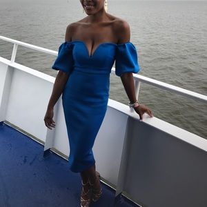 ASOS Scuba Puff Sleeve Bardot Midi Dress